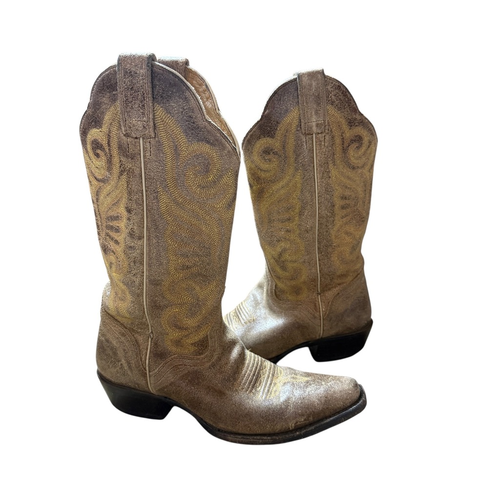 JB‎ Dillon Western Cowboy Boots Distressed Brown Gold Embroidery Women Size 6B